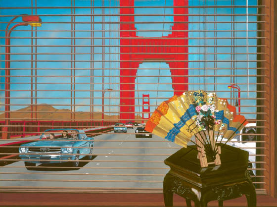 golden gate bridge painting, traffic, mustang, van gogh, mona lisa