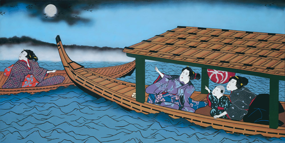 Japanese women painting, art print, Japanese boat, water scene, night
