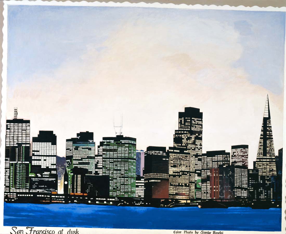 San Francisco painting, skyline, office buildings, night, dusk